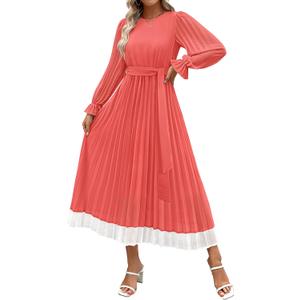 ZESICA Women's Spring Long Sleeve Chiffon Dress Casual Crew Neck Pleated A Line Flowy Midi Dresses with Belt Small 