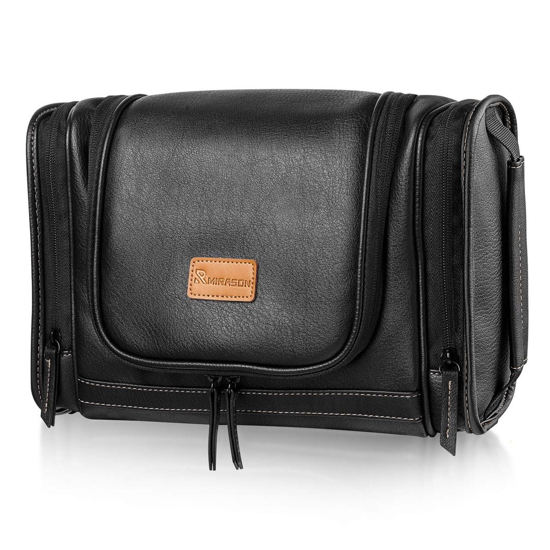 MIRASON Hanging Toiletry Bag for Men Dopp Kit Waterproof Leather Travel Organizer Bag with Sturdy Metal Hook and Handle for Bathroom Shower Cosmetics Camping Gift for Men (Black) (Black)