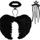 Spooktacular Creations Black White Angel Wings Halo Headband with Wand for Kids Feather Fairy Wings Halloween Party Costume (Black)