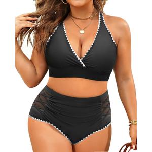 Yonique Womens Plus Size Bikini High Waisted Swimsuits Two Piece Bathing Suits Tummy Control Swimwear (Black, XL)