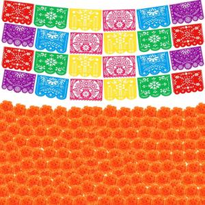 124 Pcs Halloween Mexican Party Banner Decor Papel Picado Day of the Dead Bunting Fiesta Banner Dia De Los Muertos Dead Flowers Artificial Marigold Flower Cinco De Mayo Banner Decor(Orange)