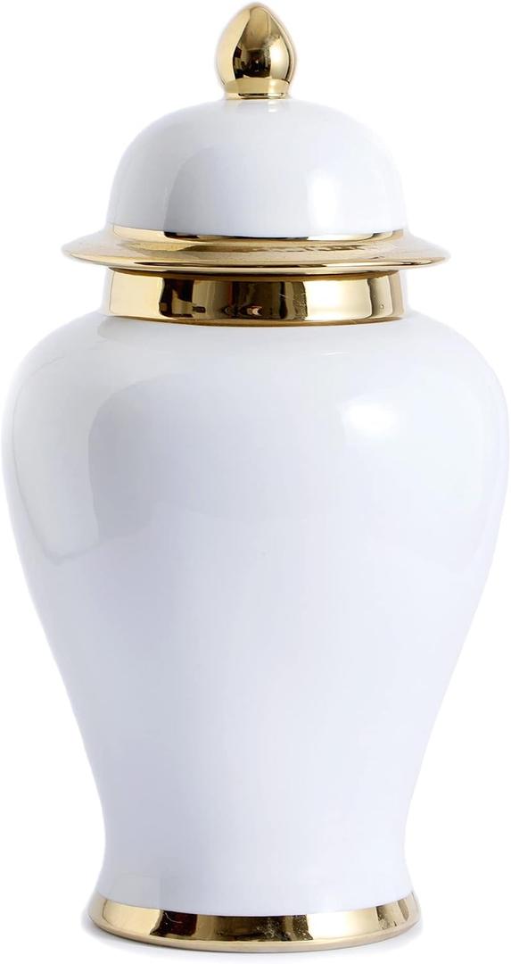 White Ginger Jar with Gold Trim, Ginger Jar Vase Decor for Centerpiece, Table Decorations, Living Room, Shelf, 15inches