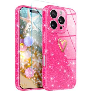2 x for iPhone 16 Pro Case, iPhone 16 Pro Clear Case,[Not-Yellowing] with [1X Tempered Glass Screen Protector],Glitter Bling Sparkly Slim Fit Shockproof Phone Cases for Women Girls (Hot Pink)