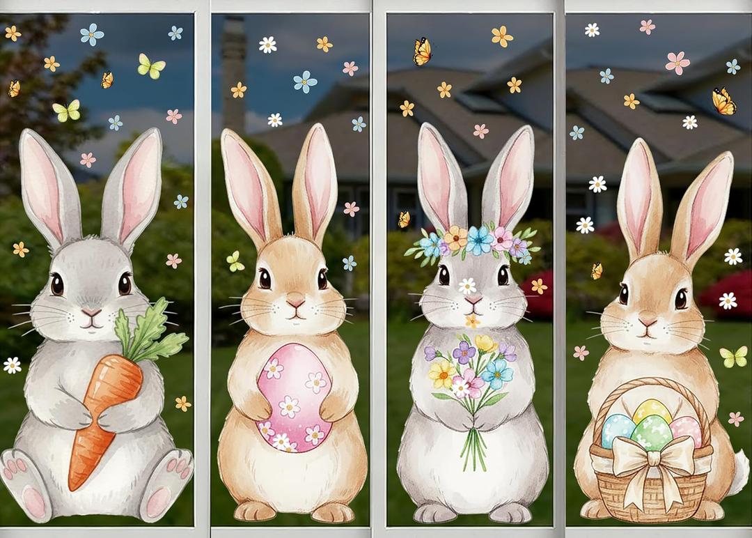 2 x Tenceur Large Easter Bunny Window Clings, Cute 12 x 35.4 Inches Spring Watercolor Bunny Rabbit Window Stickers for Glass Home or Holiday Easter Party Supplies, 3 Sheets