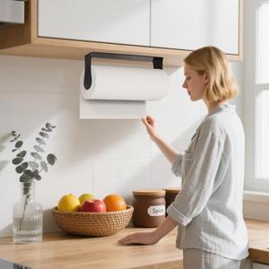 Paper Towel Holder Under Cabinet, Wall Mount, Stainless Steel, Adhesive Paper Towel Rack for Kitchen and Bathroom, Black