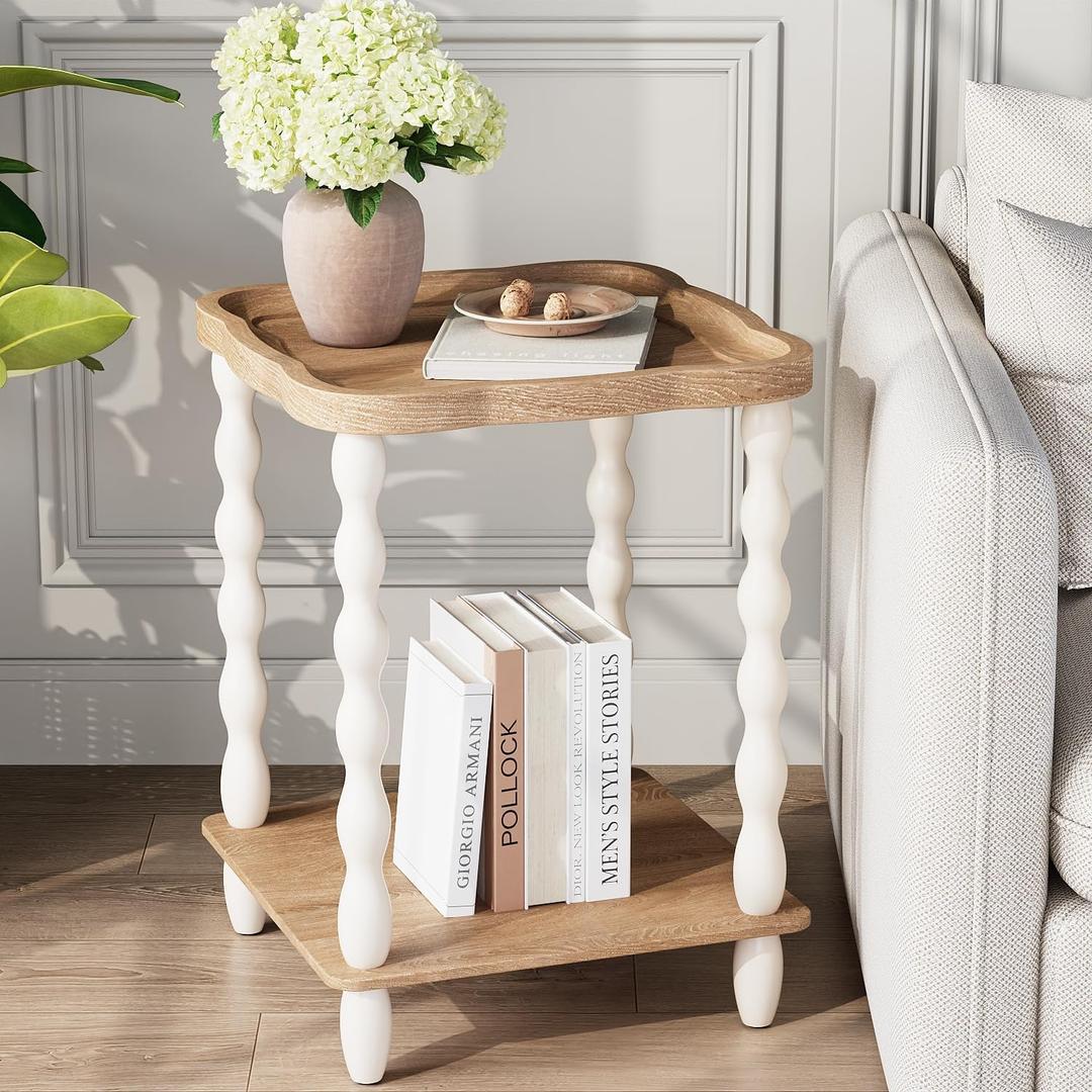 karlott End Table, 2-Tier Farmhouse Side Table, 18.9'' Handcrafted Weathered Wooden Nightstand, Pine Leg, Square Arc Small End Tables for Living Room, Small Space, Bedroom, Boho, Easy Assembly, Beige