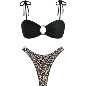 ZAFUL Women's Bandeau Tie Spaghetti Strap Bikini Textured O Ring Ruched High Leg Swimsuit Cheeky Bathing Suits, Leopard, Small
