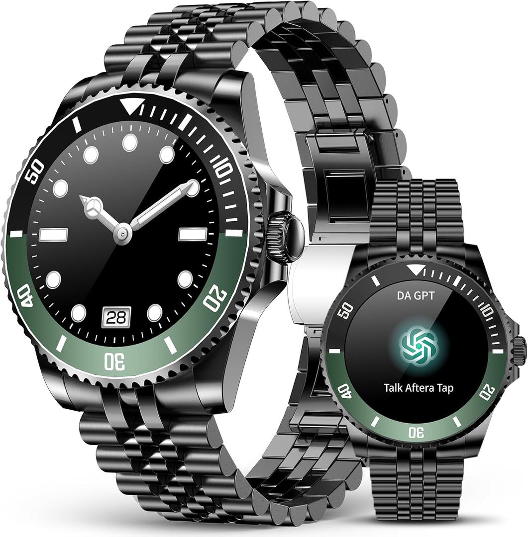 2025 DA GPT Smart Watch for Men with Bluetooth Call, Heart Rate, Blood Pressure, SpO2, Sleep Monitor, 107 Sports Modes, Waterproof Round Watch, 1.19-inch AMOLED Display, Compatible Android and iOS (Black Green)