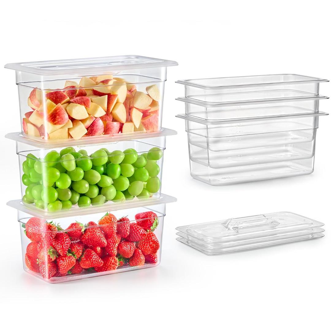 WILPREP 6 Pack Plastic Food Pans with Lids NSF Listed, 1/3 Size 4 in Deep Clear Food Storage Containers, 4.2 qt Stackable Polycarbonate Commercial Hotel for Fruits Vegetables Beans Corns