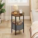 Vagusicc Round Side Table End Table with Storage Basket, Small Side Table Round Nightstand for Small Spaces, Tall Oval End Table with Steel Frame, Coffee Bedside Table for Living Room, Rustic Brown