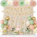 Pink and Sage Green Birthday Decorations for Women Girls, Blush Beige Sand Gold Metallic Printed Balloons Butterfly Stickers Fringe Curtain Happy Birthday Banner Circle Dot Paper Pompom Party Supplies