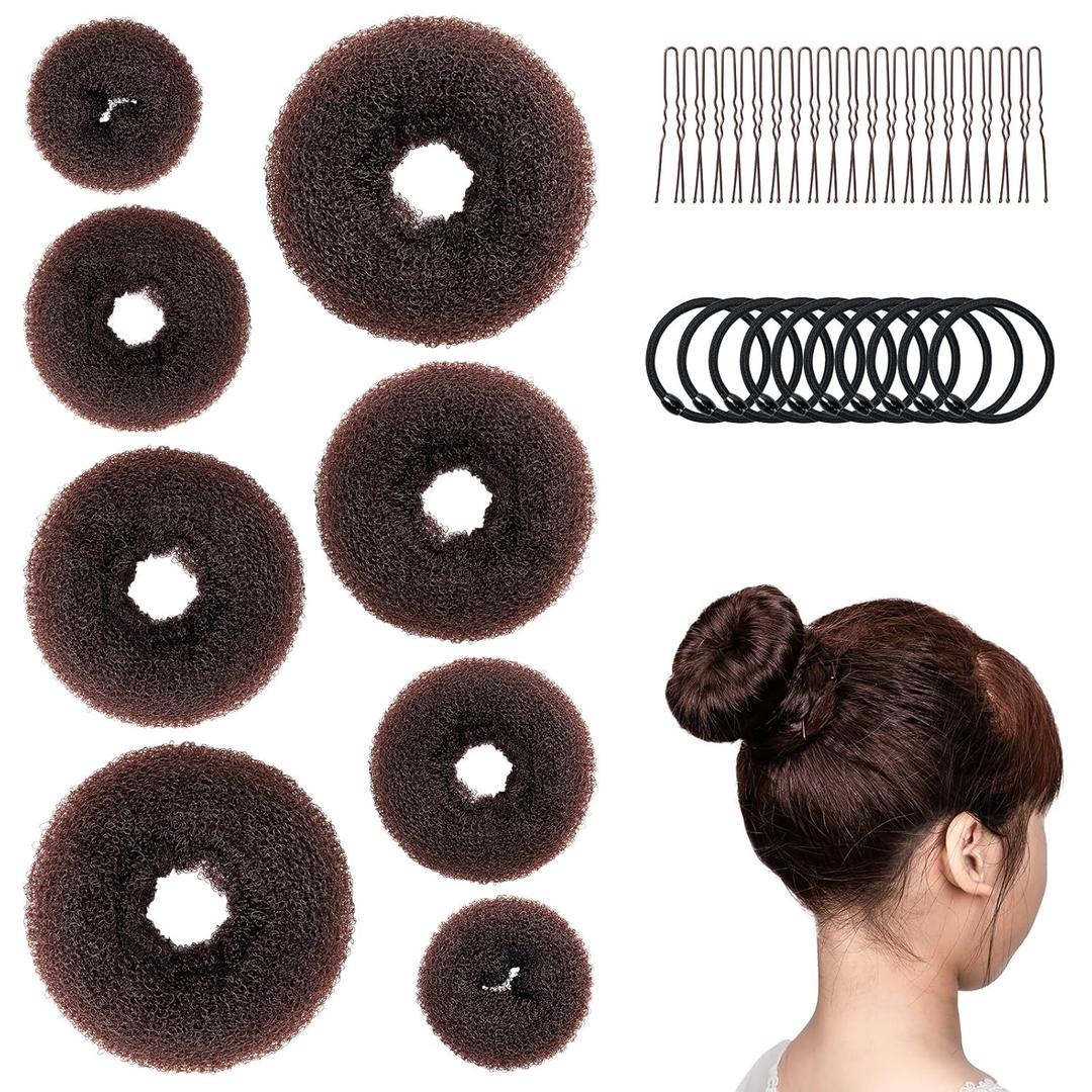 Donut Hair Bun Maker Set, 8 Pieces with 10 Black Rubber Bands and 20 Bun Bobby Pins for Ladies, Brown Donut Hair Bun Maker Set, 8 Pieces with 10 Black Rubber Bands and 20 Bun Bobby Pins for Ladies, Brown