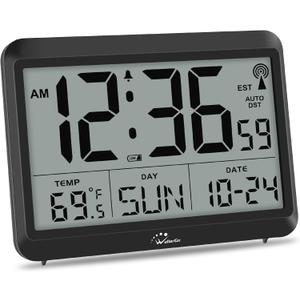 WallarGe Atomic Digital Wall Clock Battery Operated, Self-Setting, Large Display with Temperature, Date, Day of The Week, Silent Wall Mount Digital Clock, 4 Time Zones, DST (8.5 inch - Black)