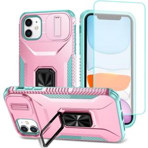 Case for iPhone 11 Case with Tempered Glass Screen Protector and Slide Camera Cover, Rotated Ring Car Mount Holder Shockproof Cover for iPhone 11 PC Pink