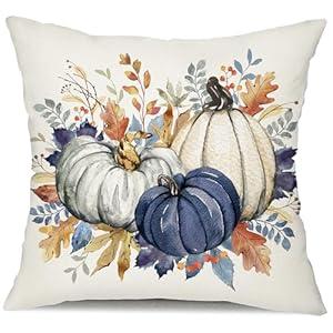 DFXSZ Fall Pillow Covers 20x20 Inch Thanksgiving Dark Blue White Pumpkin Maple Leaf Lumbar Pillow Covers Polyester Fall Decoration for Home Couch YZT073-F20