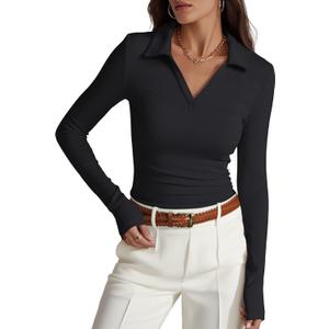 Prettywear Womens Long Sleeve Polo Shirts Business Casual Work Tops Blouse Fitted Collared V Neck Shirt 2025 Fall Clothes (Medium, Black)