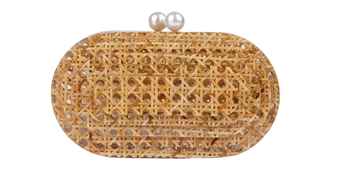 Women Acrylic Rattan Clutch Purse Rattan Woven Evening Bag Wedding Party Purse Summer Beach Wicker Shoulder Handbag