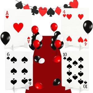Casino Theme Yard Signs Set, 4 Giant Playing Card Lawn Signs with Stakes & Bases, Red Carpet Runner, Balloon Set & Poker Banner, Outdoor Casino Party Decorations