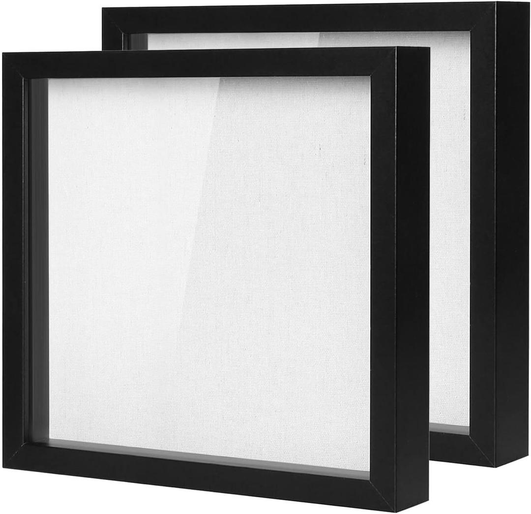 Muzilife Shadow Box Picture Frame with Linen Board Deep Wood Glass Display Case Ready to Hang Memory Box Baby Sports Memorabilia, Pins, Awards, Medals, Wedding, Tickets and Photos, Black, 2 Pcs 12X12