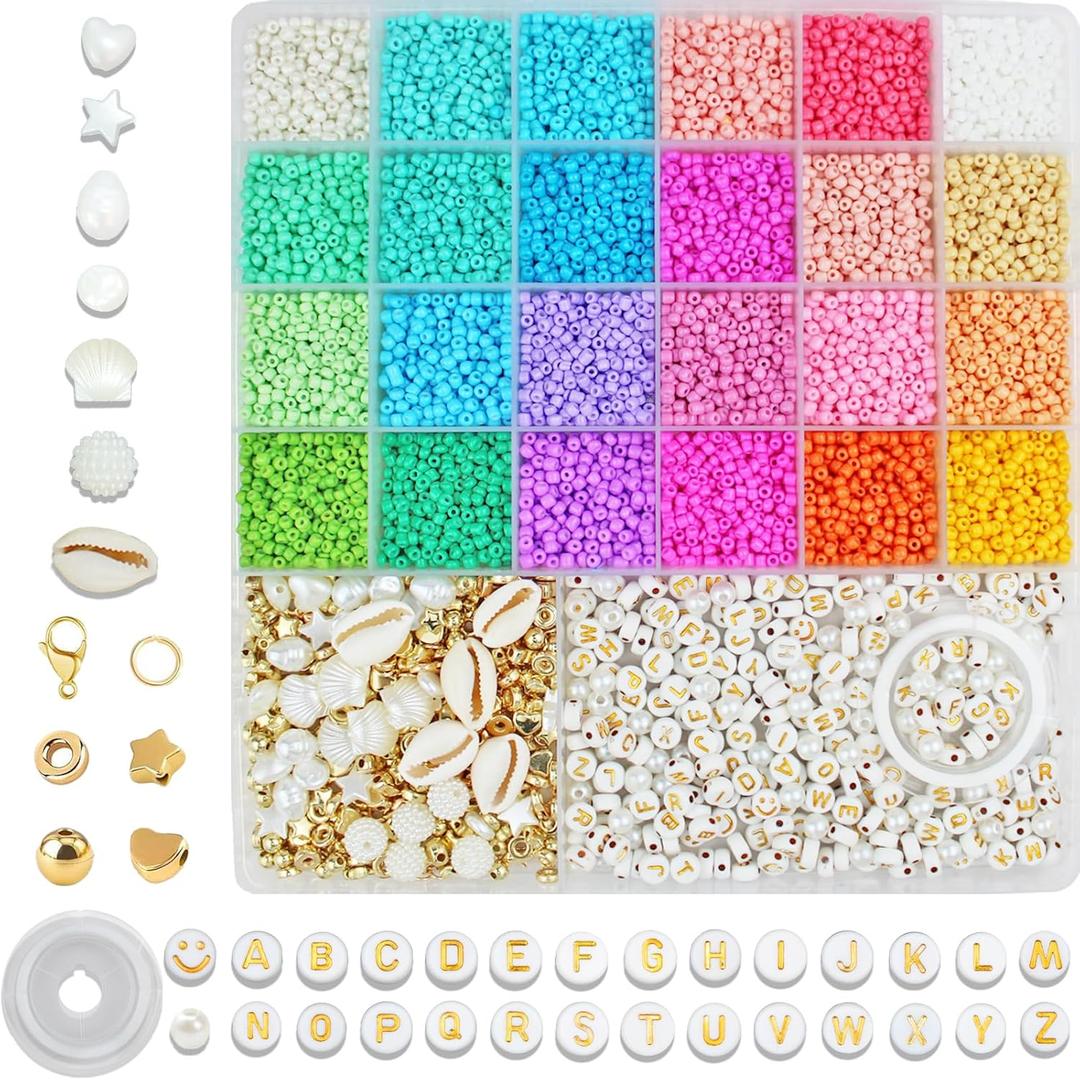 Naturahand 3mm Small Bracelet Making Kit Beads for DIY Bracelets Jewelry Making Kit with Alphabet Letter Beads Shell Pearls Friendship Bracelet Beads 24 Color