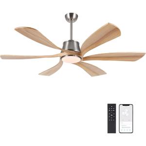 WINGBO 60" Smart Ceiling Fan with Light, Dimmable LED Light, 6-Speed Remote/APP/Voice Control, Solid Wood Blades Fan for Bedroom/Living Room/Shop Works with Alexa or Google Assistant Light Wood Color