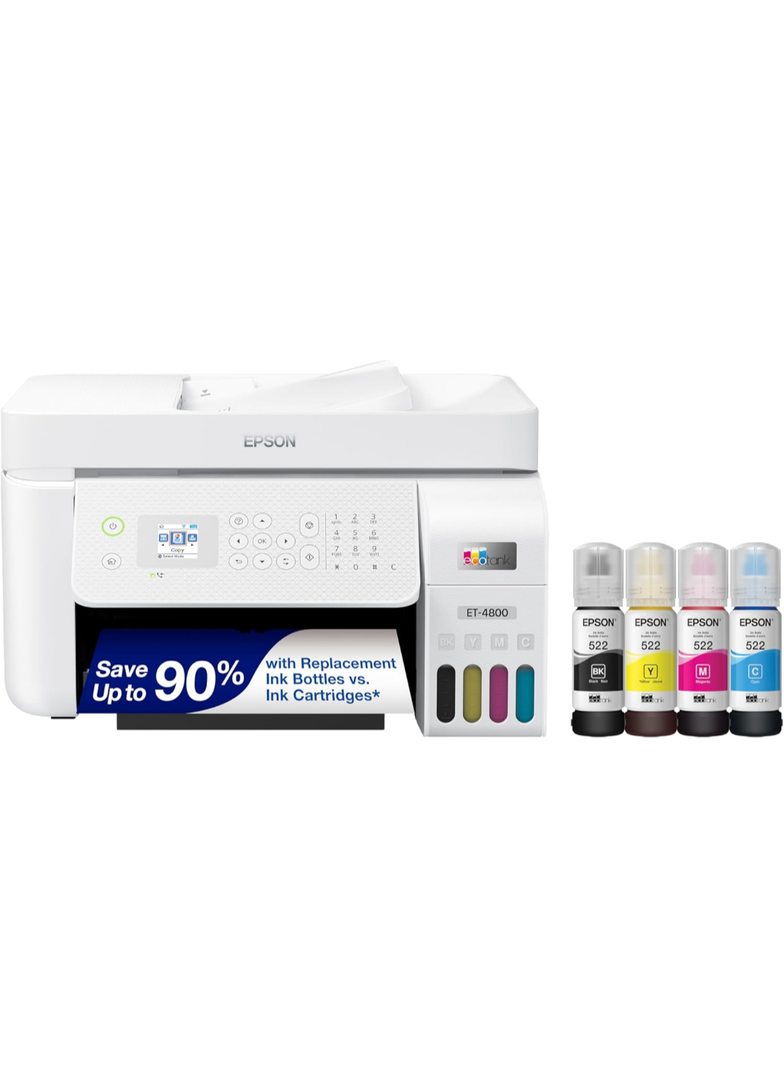 Epson EcoTank ET-4800 Wireless All-in-One Cartridge-Free Supertank Printer with Scanner, Copier, Fax, ADF and Ethernet – Ideal-for Your Home Office, White