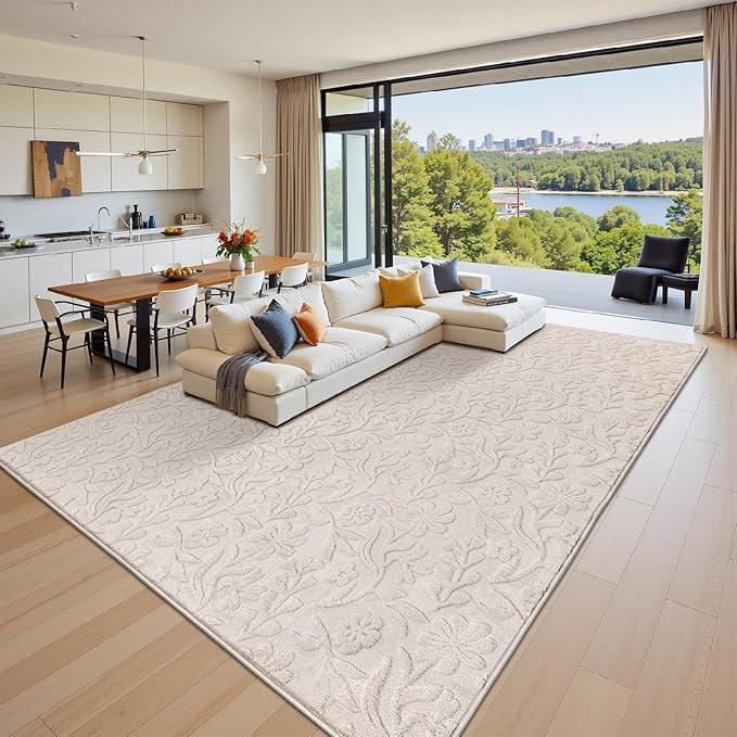 Vaukki 9x12 Area Rug for Living Room, Soft Fluffy Washable Modern Floral Indoor Floor Mat, Non Slip Shaggy Boho Accent Throw Carpet for Bedroom, Living Room, Nursery and Dining Room, Beige
