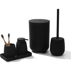 Black Bathroom Accessories Set with Small Trash Can 3 Liter/0.8 Gallon,Toothbrush Holder,Soap Dispenser,Vanity Tray,Toilet Brush and Holder Black 5pcs