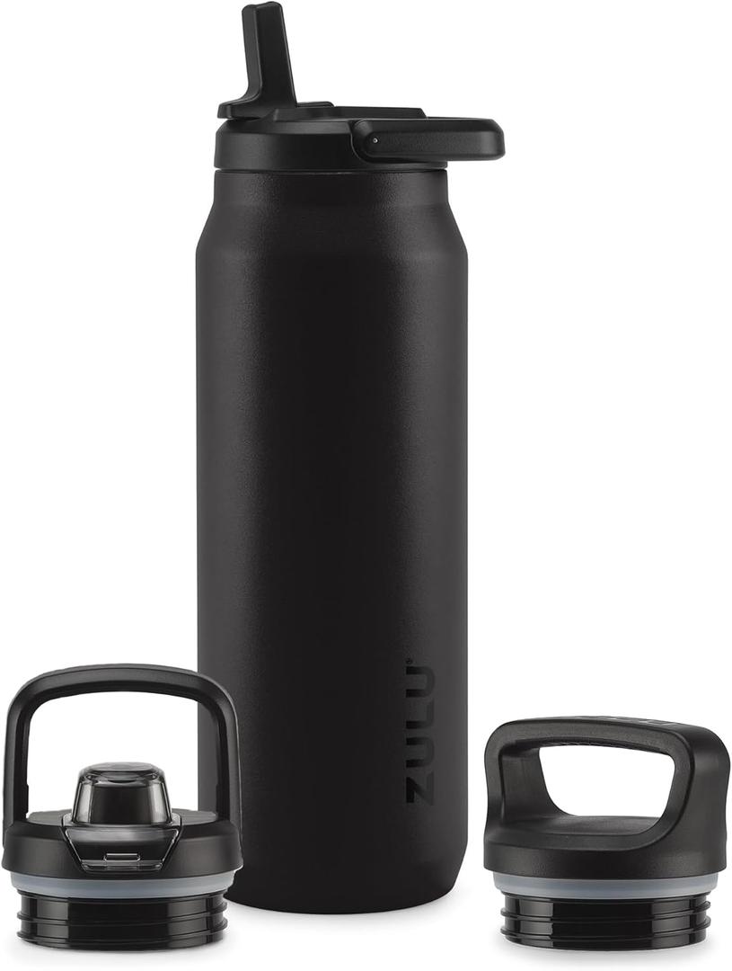 ZULU Base 40oz Stainless Steel Water Bottle with 3 Lids- Straw, Chug, Twist | Double Walled and Vacuum Insulated Metal Thermos | For Gym, Outdoor | Built in Carry Loop, Dishwasher Safe, Black