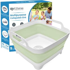 EZuraa 2.4gal(9L) Green Collapsible Dish Basin, Portable Sink or Dish Pan for Kitchen Sink with Drain Plug/Strainer, Space Saving Baby Bottle Wash Basin Collapsible Bucket, Beverage Tub for Camping