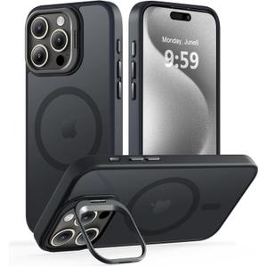 Magnetic Case for iPhone 15 Pro Max with Kickstand, Compatible with Magsafe, Built-in Camera Stash Stand, Military Protection, Skin Feeling Phone Case for iPhone 15 Pro Max, Black