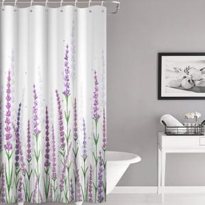 Purple Shower Curtain, Lavender Shower Curtain for Bathroom Waterproof Fabric Spring Plant Leaves with Floral Shower Curtain Set with Hooks, 48x72 Inch