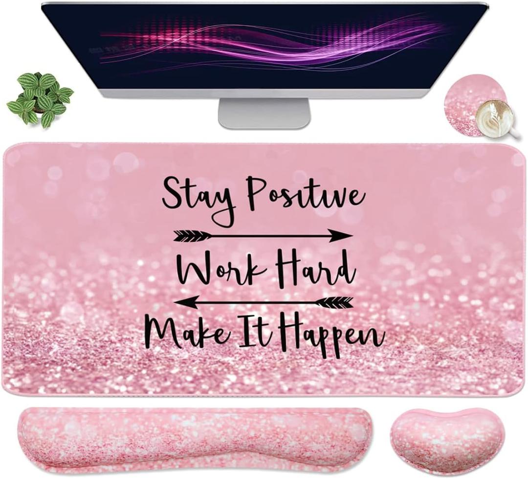 Large Mouse Pad and Keyboard Wrist Rest, Desk Pad for Keyboard and Mouse, 4-in-1 Large Gaming Mouse Pad with Wrist Support, Desk Mat for Home Office Study Game-Pink Stay Positive