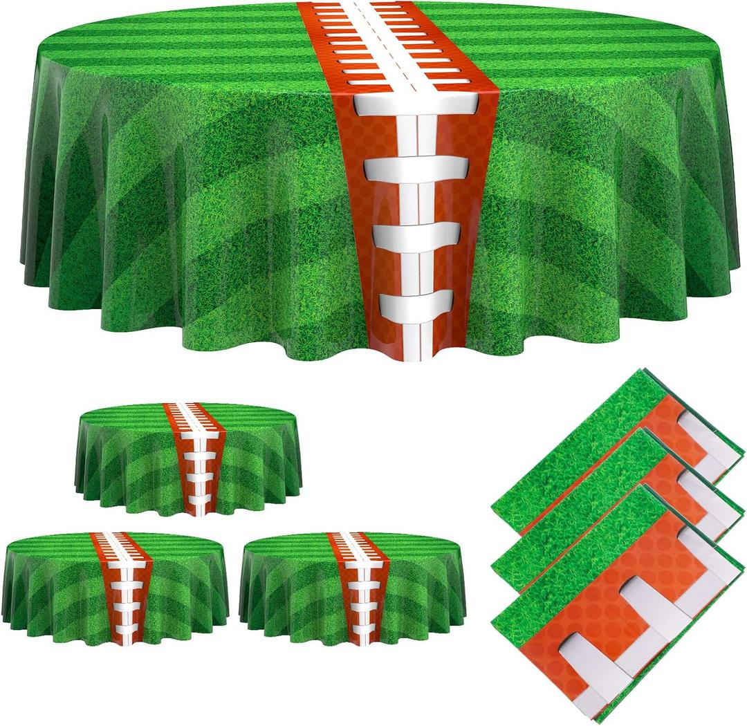 Oudain 3 Pcs Football Party Tablecloth 84 Inches Football Round Table Cloth Disposable Plastic Sport Table Covers for Birthday Party Decor Supplies Favors
