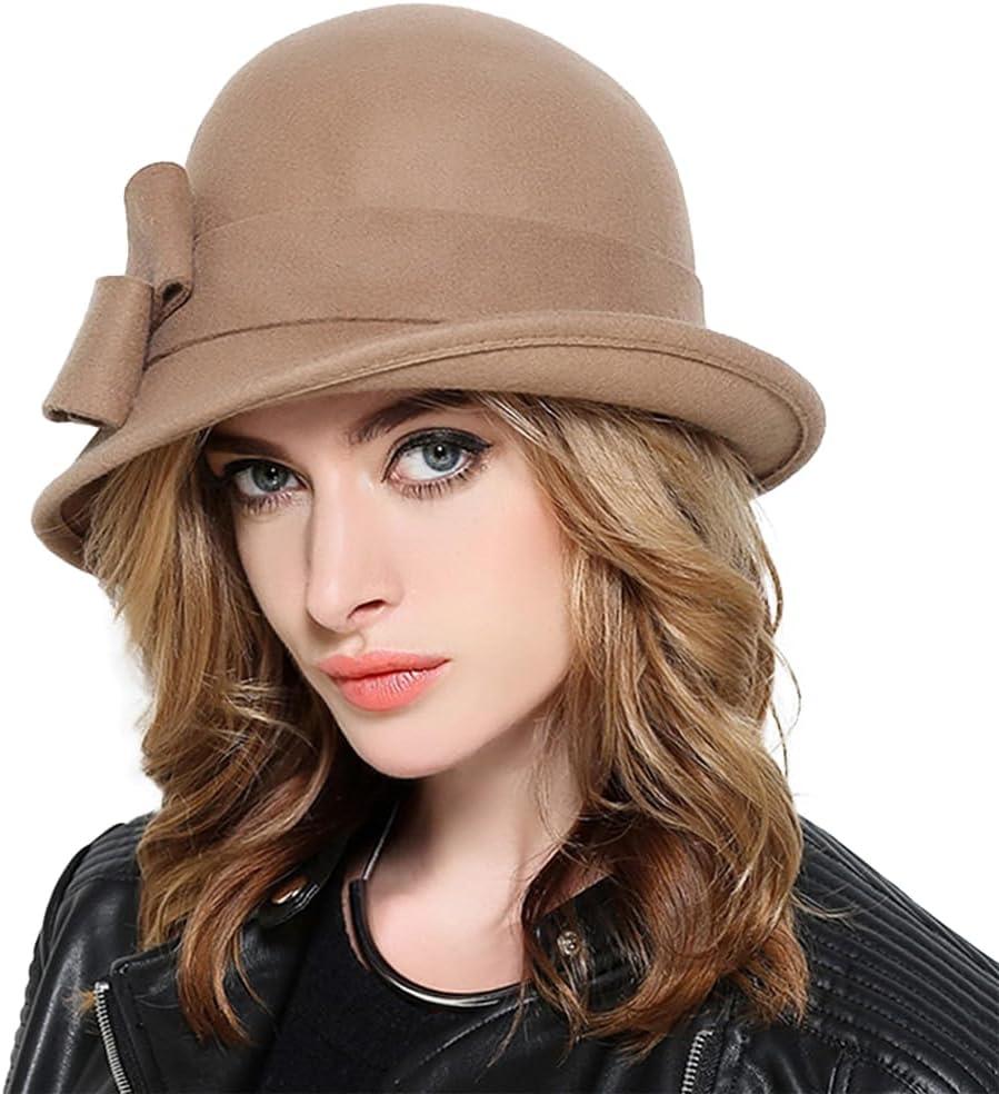 Wool Felt Vintage Winter Warm Hats for Women Bowknot Pillbox Cap Ladies Fascinator Kentucky Party Ceremony Church Fedoras (Red)