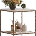 Antique Square End Table with Faux Marble Top, 20" Gold Side Table with 2-Tier Open Storage Shelves, Modern Square Accent Table with Antique Brass Finish for Living Room, Bedroom