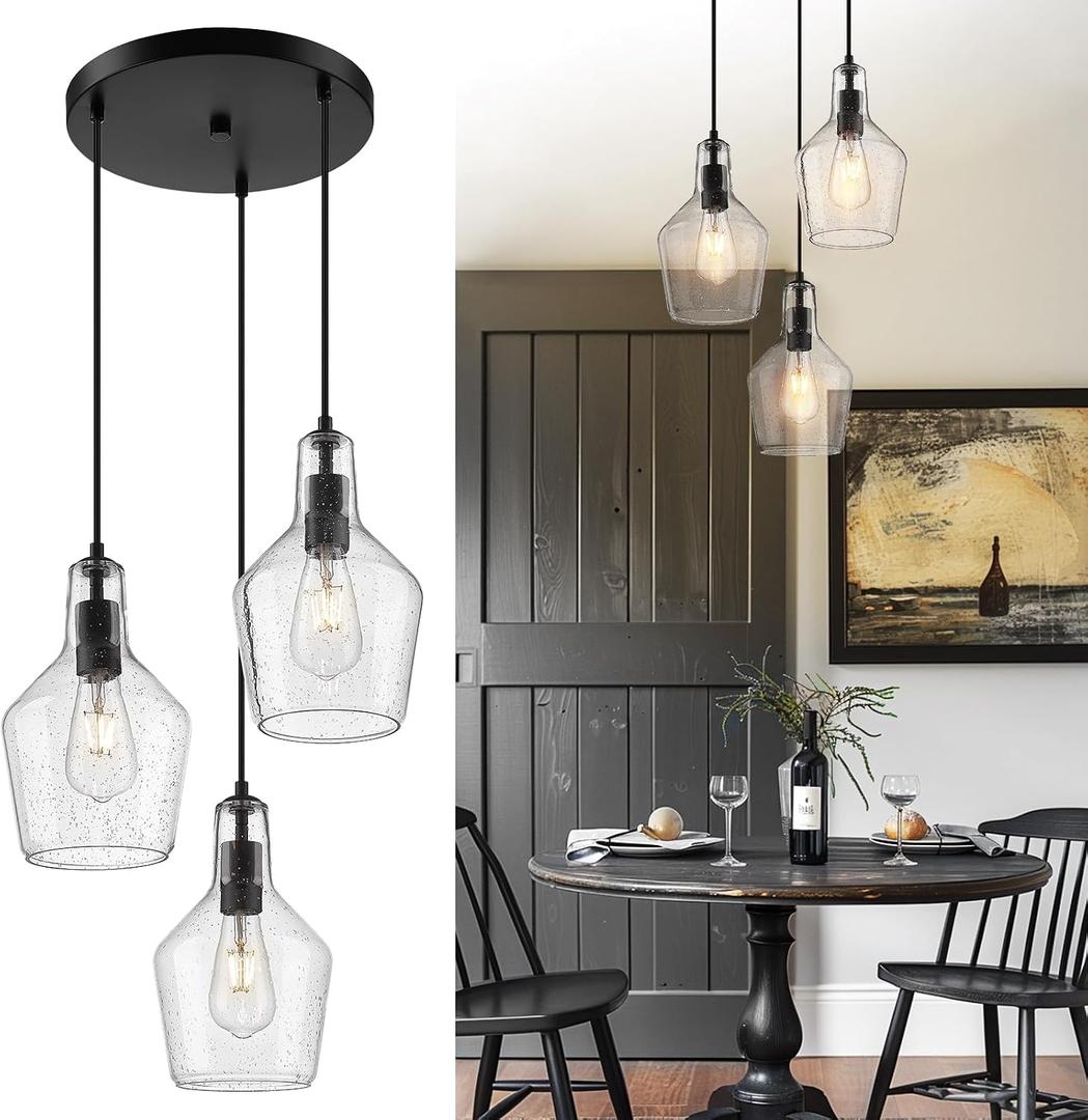Emliviar 3-Light Chandelier Hanging Light Fixture, Modern Cluster Pendant Lighting for Kitchen Island with Clear Seeded Glass, Black Finish, DYE286G2-3 BK