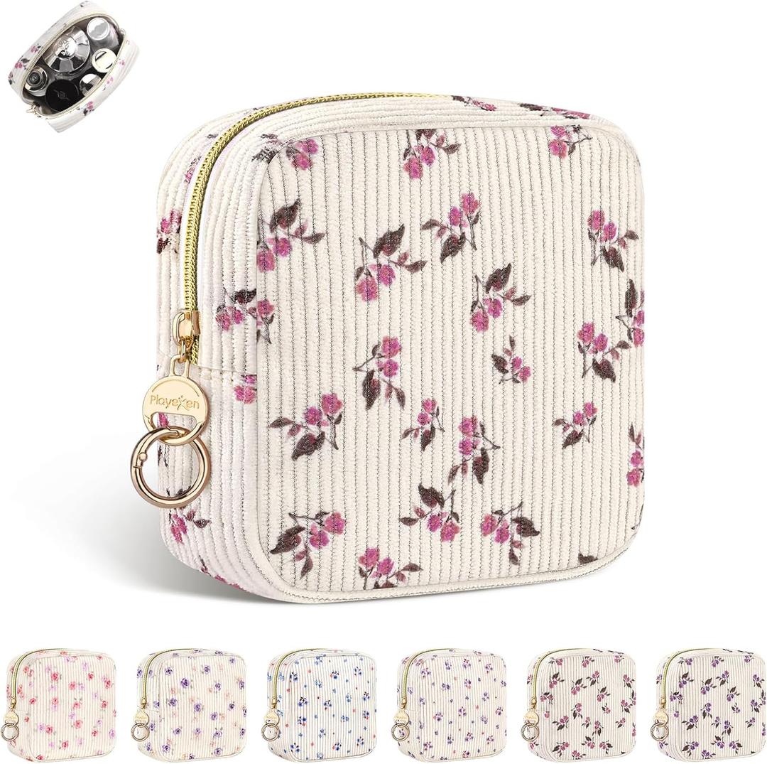 Small Makeup Bag for Purse, Corduroy Flowers Cosmetics Bag, Mini Travel Makeup Pouch for Women, Birthday/Wedding/Christmas Gifts (Floral-Pink)