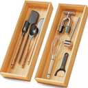 Bamboo Kitchen Drawer Organizer Boxes 14" x 5" Stackable Wood Silverware Utensil Tray for Drawers Bins Cutlery & Flatware Storage Wooden Pantry Organizers Set of 2 for Junk Drawer Bathroom Rv