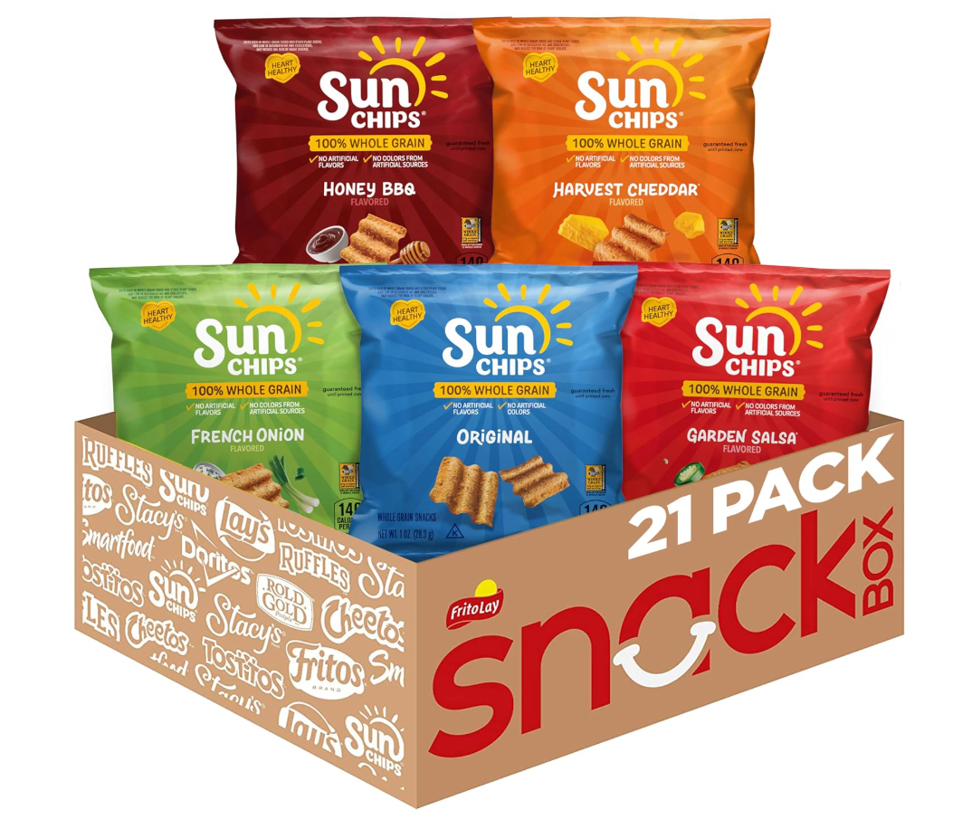 SunChips 100% Whole Grain Chips, Variety Pack, 1 oz Bags, Pack of 21, No Artificial Flavors, No Colors from Artificial Sources, BB September 08, 2026