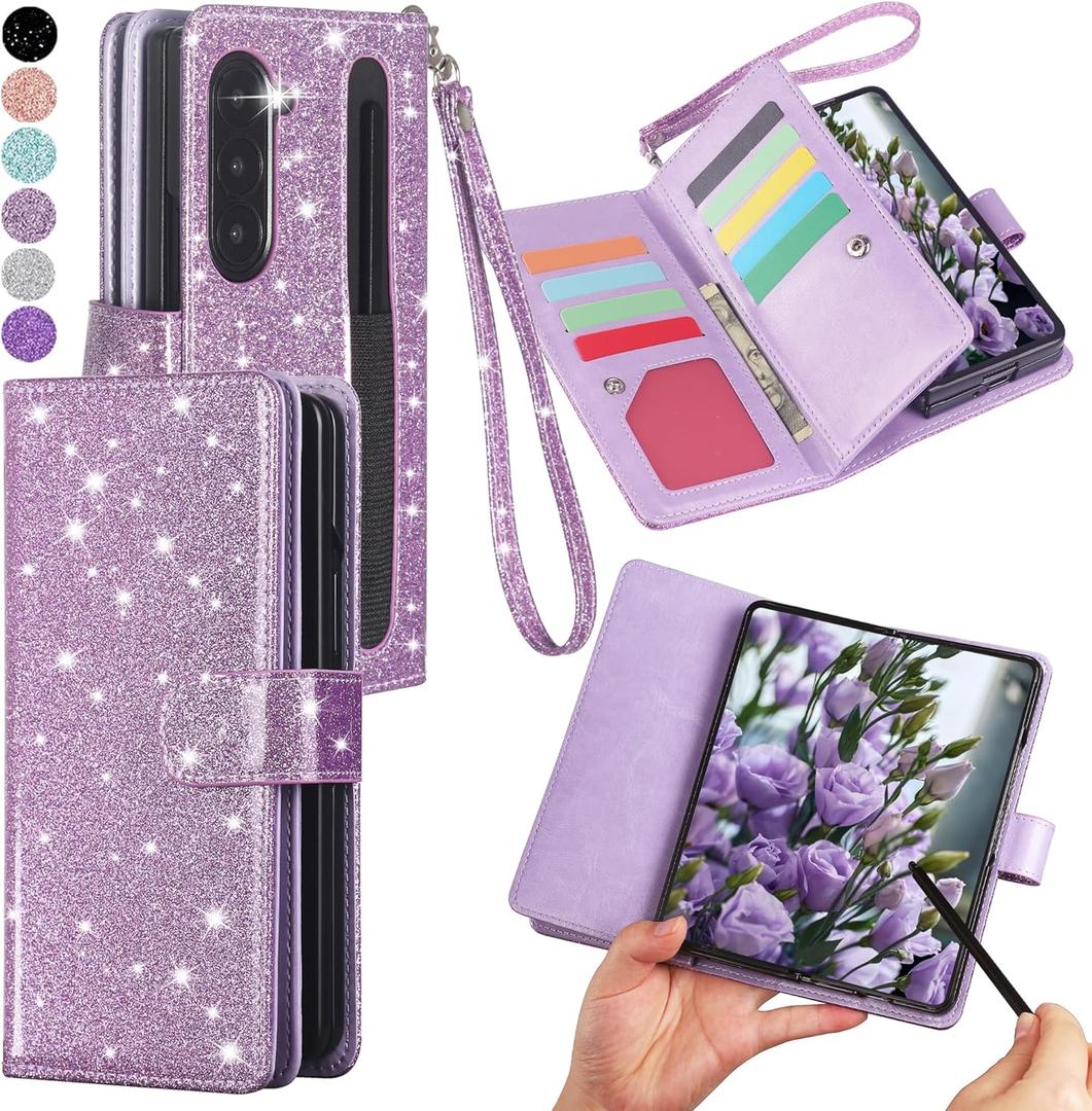 Varikke Compatible with Samsung Galaxy Z Fold 6 Wallet Case, [RFID Blocking] Card Holder, Glitter PU Leather Flip Phone Case with S Pen Holder Slot & Wrist Strap for Women Men, Light Purple