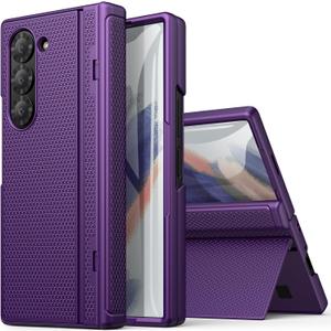 for Samsung Galaxy Z Fold 6 Slim Case with Stand, Tempered Screen Protector & Hinge Protection, 360 Full Body Shockproof Protective Phone Case Cover for Samsung Galaxy Z Fold6 2024, Purple