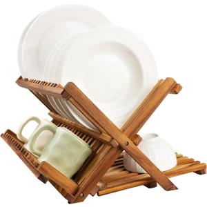Utoplike 3 Tier Collapsible Teak Wood Dish Drying Rack, Foldable Large Capacity Dish Draine, Space-Saving Countertop Kitchen Organizer for Plates, Cups