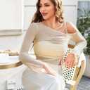 Avidlove Women Mesh Top Long Sleeve Rhinestone Tops Off Shoulder Bell Sleeve Drawstring Blouse Sheer Sparkly Shirt S-XXL (Champagne)