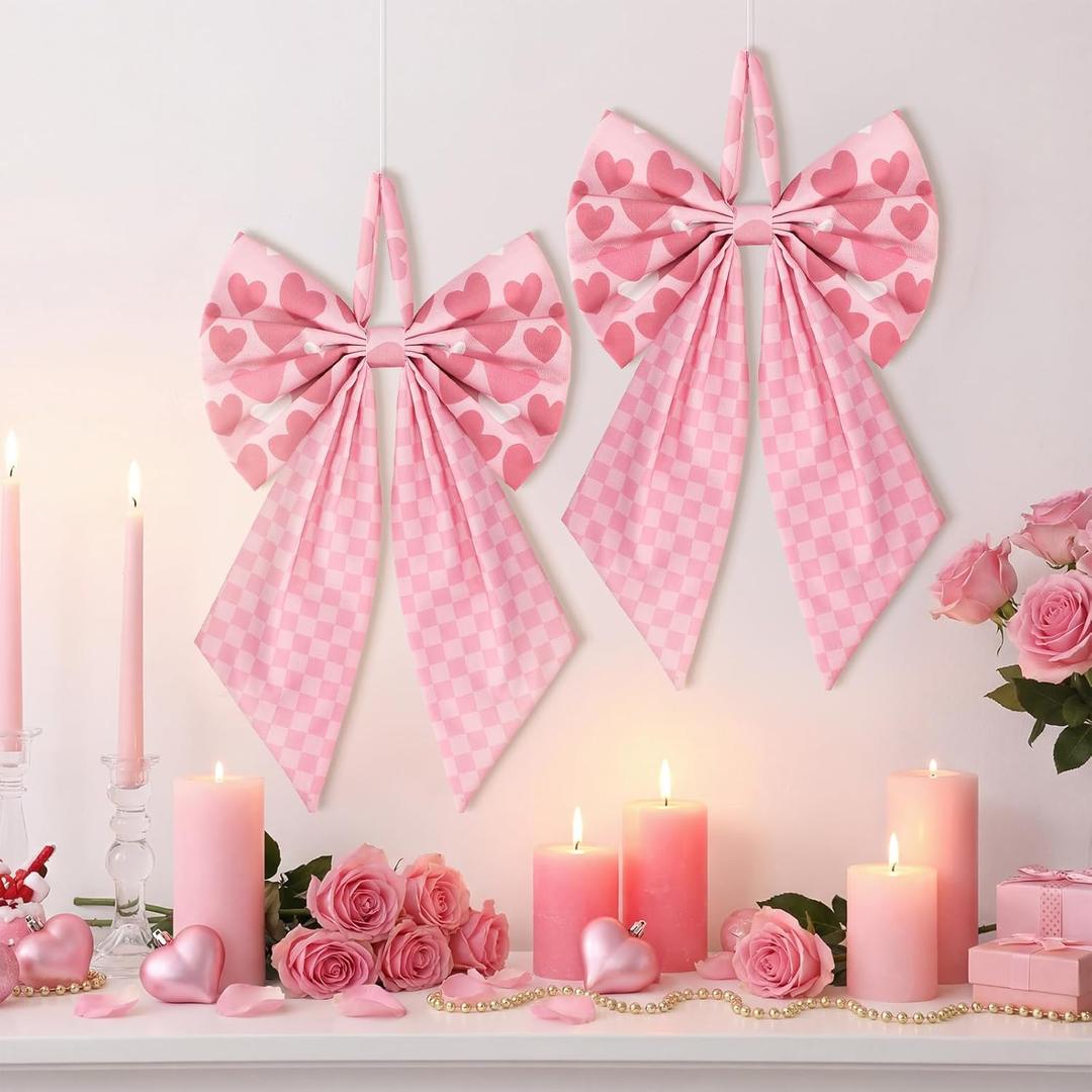 2 Pcs Large Valentines Day Tree Topper Bow with Heart 19.6'' x 11.8'' Pink Bows for Wreaths Decorations Front Door for Valentine's Day Wedding Holiday Party Wall Home Front Door Outdoor