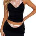 2 Piece Outfits for Women Sleeveless Lace Shirt Draped Cowl Neck Tank Top and Ruched Bodycon Mini Skirt Sets. Size S