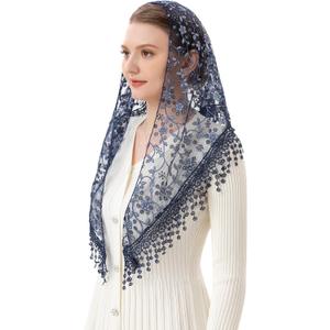 PAMOR Triangle Lace Veil Mantilla Cathedral Head Covering Chapel Veil for Mass Wedding Bridesmaids (Blue)