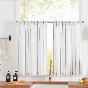 jinchan Linen Striped Kitchen Curtains Tier Cafe Curtains for Living Room Bathroom RV 36 Inch Farmhouse Rustic Half Window Treatment Light Filtering 2 Panels Black on White