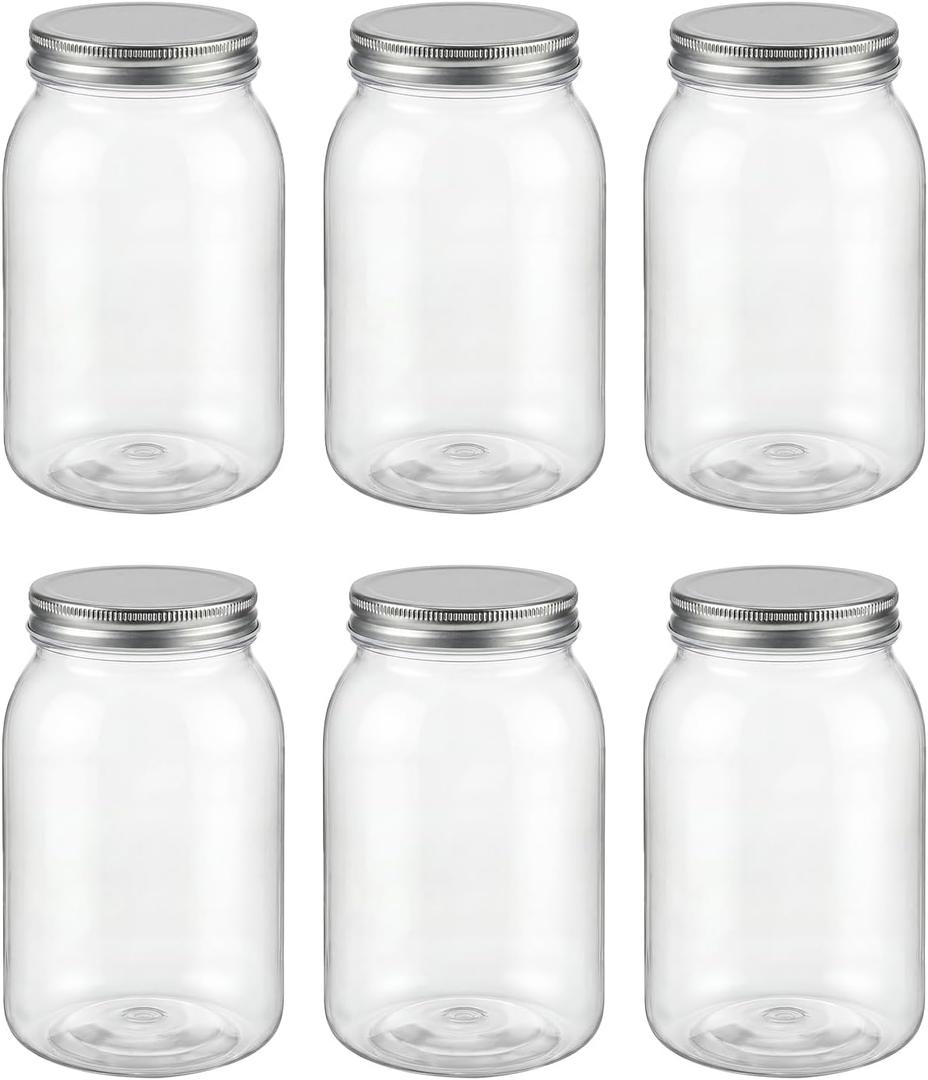 novelinks 32 oz Clear Plastic Jars with Lids, 6 Pack Large Plastic Mason Jars with Lids 32oz, Reusable Quart Containers for Kitchen Organization (6 Pack,Silver)