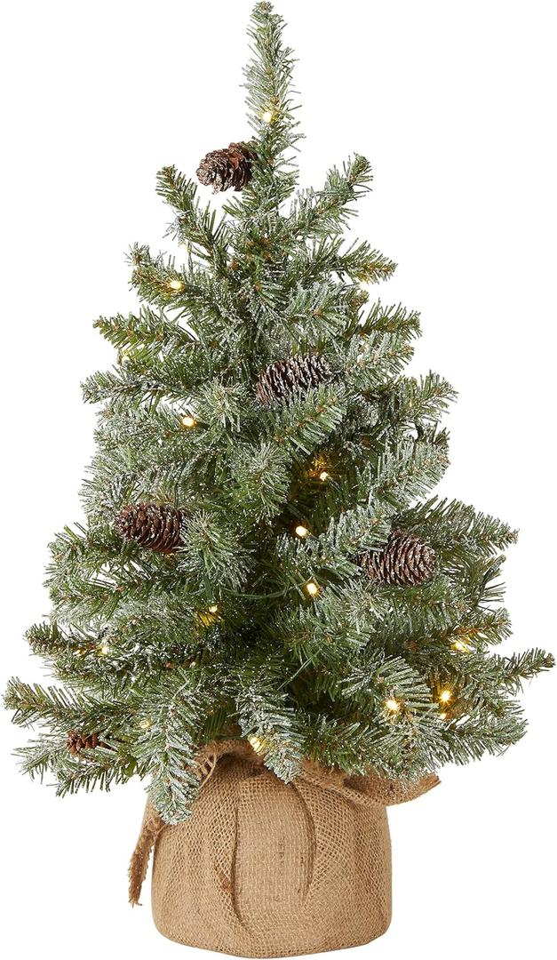 National Tree Company 2 ft Pre-Lit Flocked Mini Artificial Christmas Tree, 50 Clear LED Lights, 75 Tips, Pinecones, Burlap Base, Timer, Green